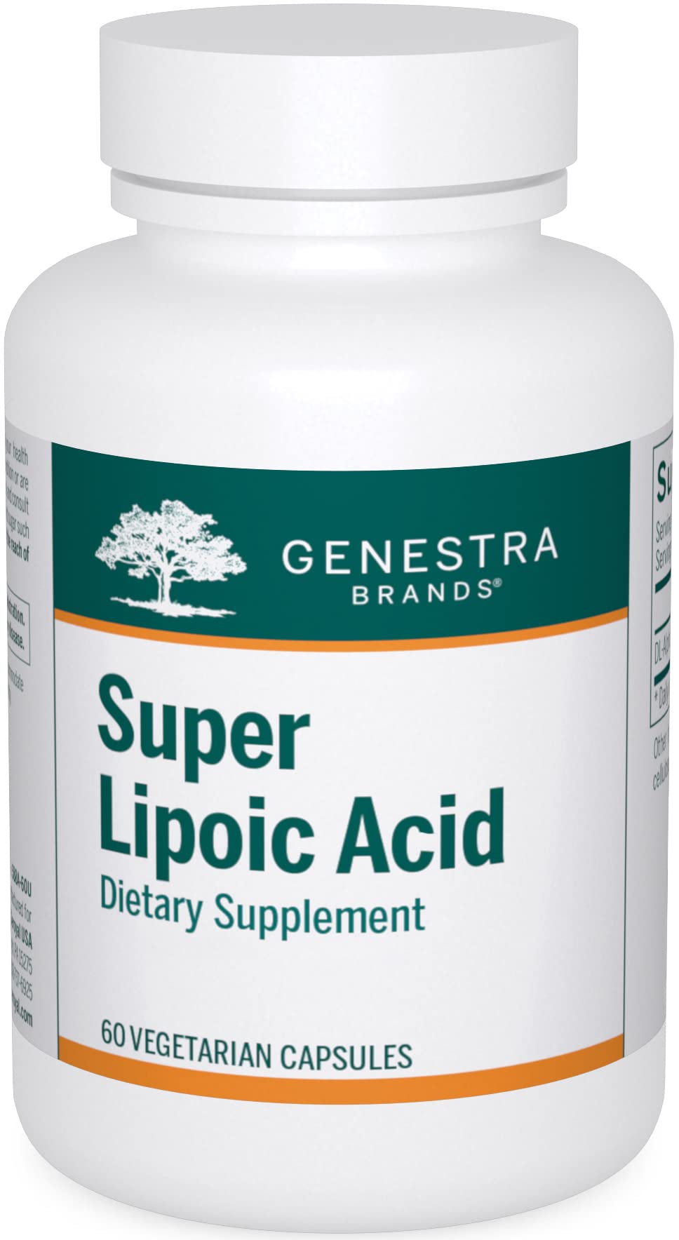 Genestra Brands Super Lipoic Acid bottle shown for metabolism support and antioxidant benefits.