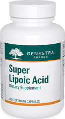 Genestra Brands Super Lipoic Acid bottle shown for metabolism support and antioxidant benefits.