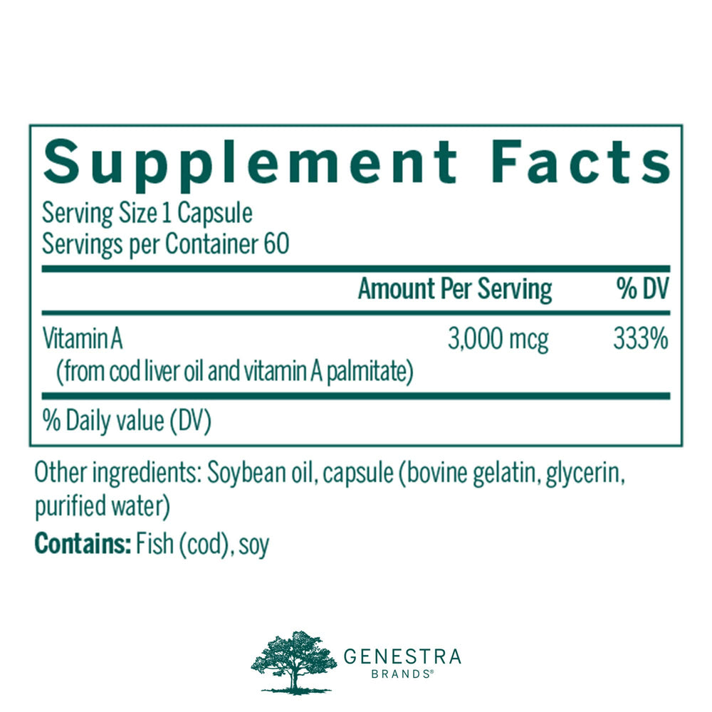 Genestra Vitamin A capsules close-up highlighting convenient softgel format for daily use.