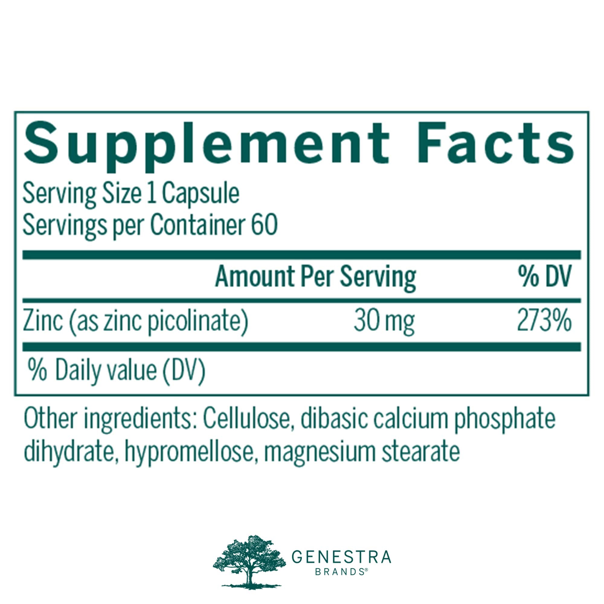 Close-up of Genestra Brands Zinc Picolinate Formula capsules for skin health