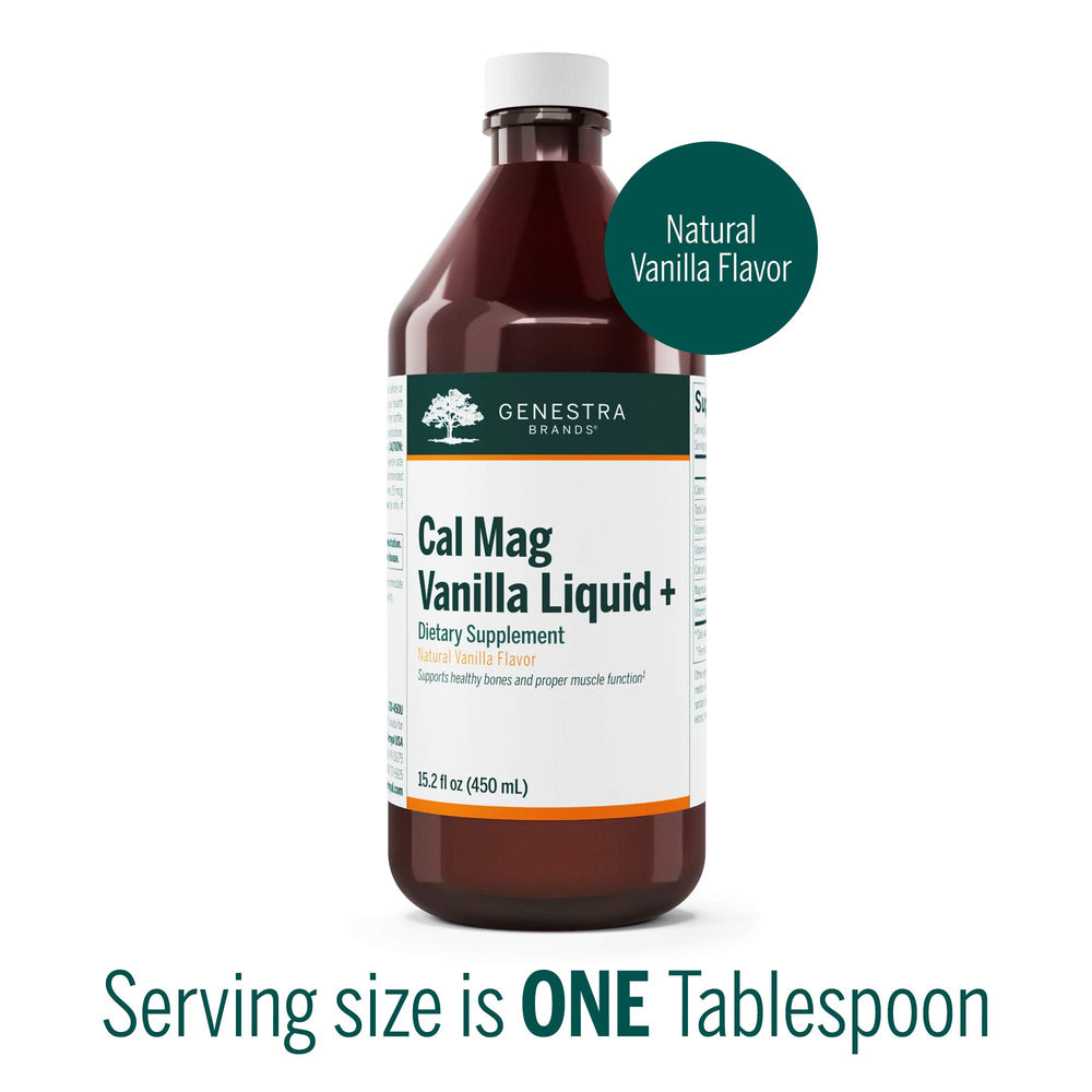Genestra Cal Mag Vanilla Liquid with a dosing spoon for convenient daily use.