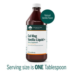 Genestra Cal Mag Vanilla Liquid with a dosing spoon for convenient daily use.