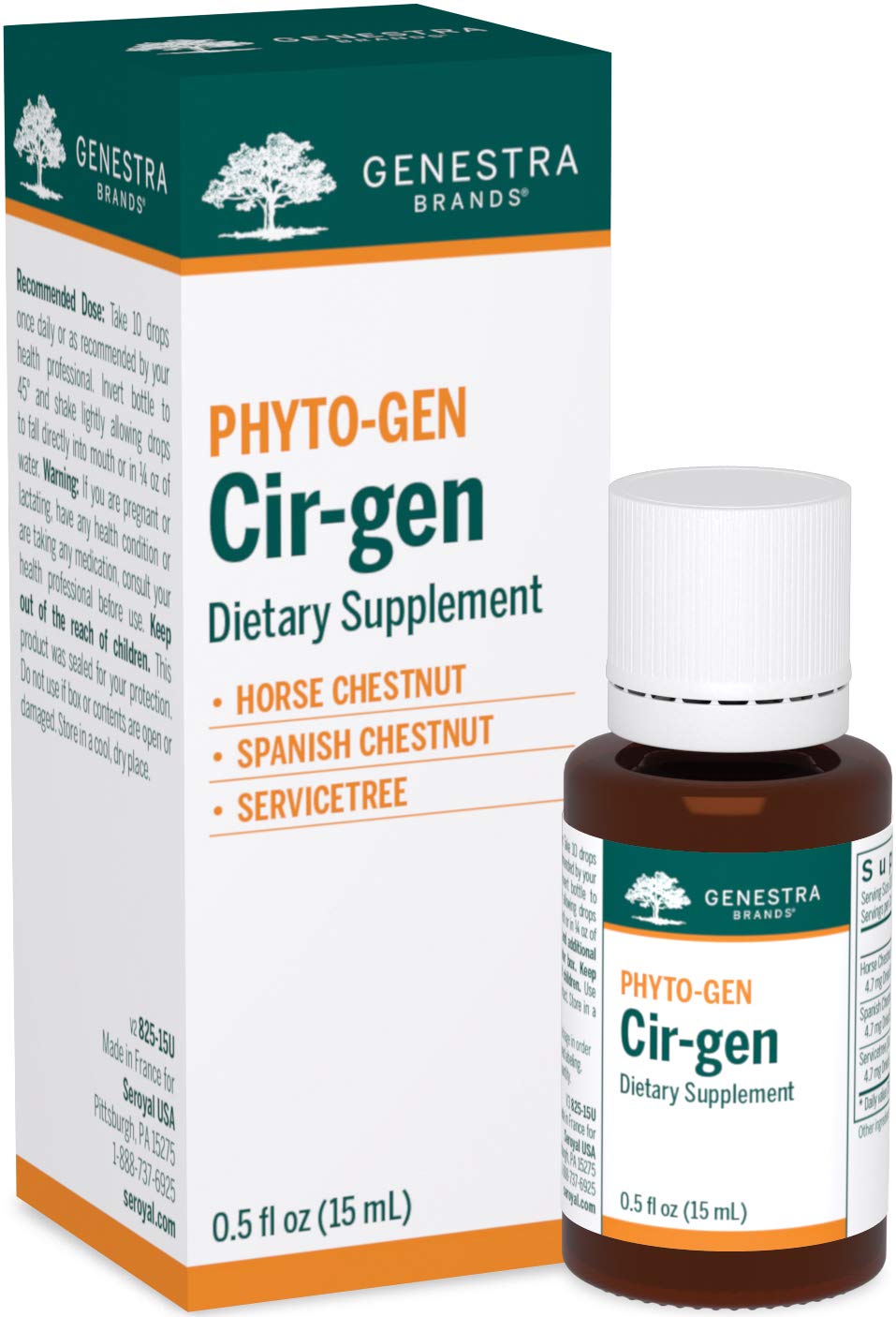 Genestra Cir-gen bottle featuring horse chestnut leaves for potential circulation support.