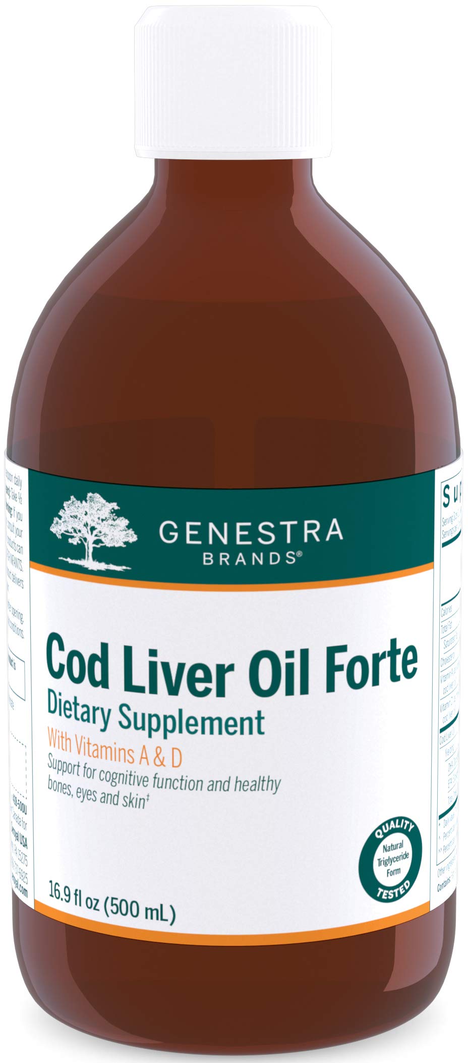 Genestra Cod Liver Oil Forte bottle front view suggests bone and skin health support