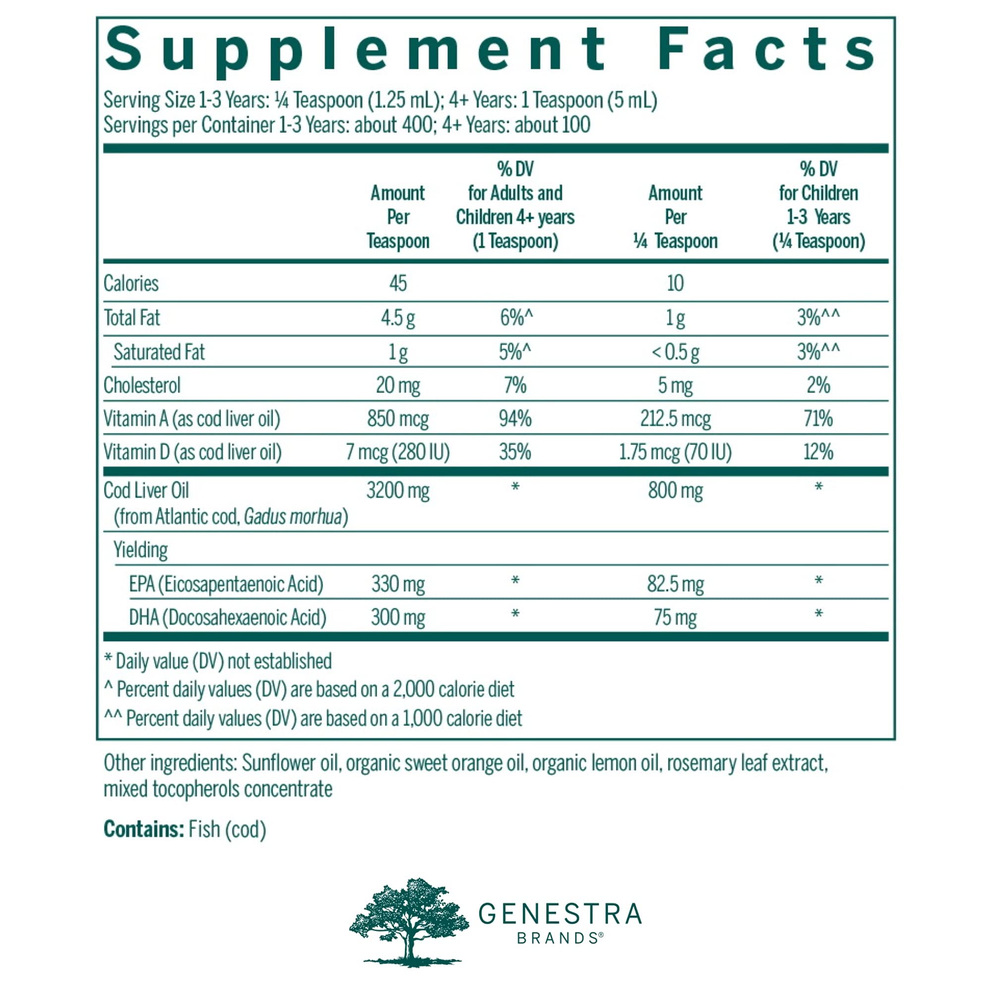 Genestra Cod Liver Oil Forte bottle label close-up showing omega-rich nutrition for development
