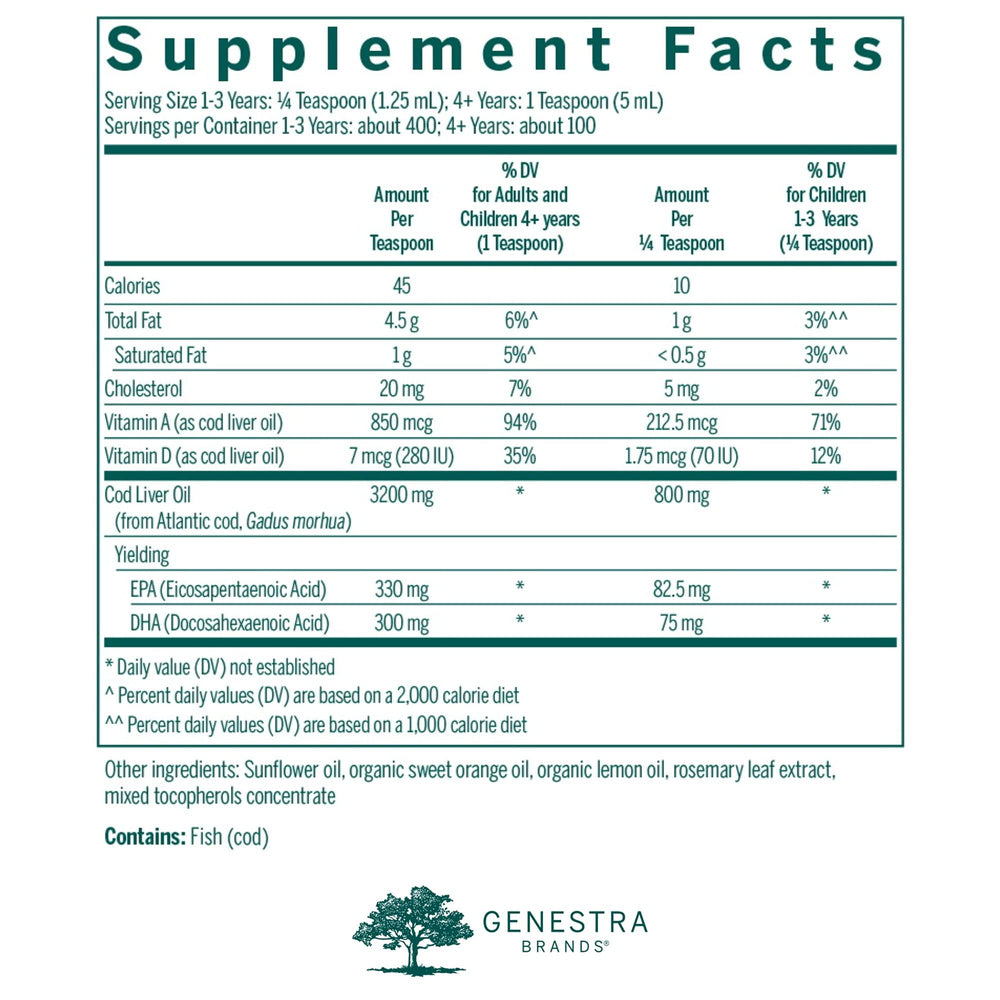 Genestra Cod Liver Oil Forte bottle label close-up showing omega-rich nutrition for development