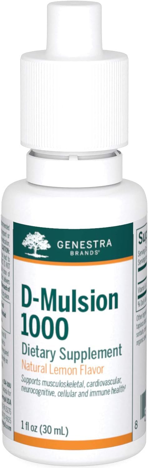 Genestra D-Mulsion 1000 amber bottle on shelf signaling premium appeal.