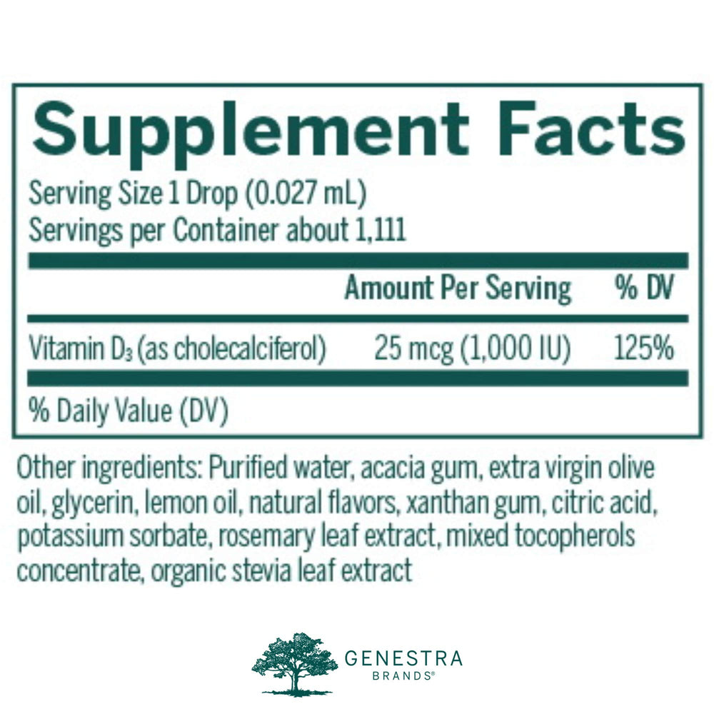 Genestra D-Mulsion 1000 dropper bottle enables easy daily dosing.