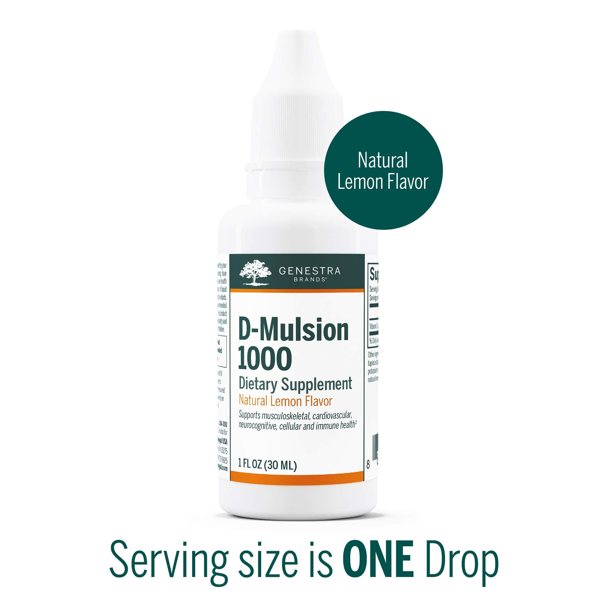Close-up of Genestra D-Mulsion 1000 lemon liquid drops for flavor friendly administration.