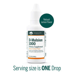 Close-up of Genestra D-Mulsion 1000 lemon liquid drops for flavor friendly administration.