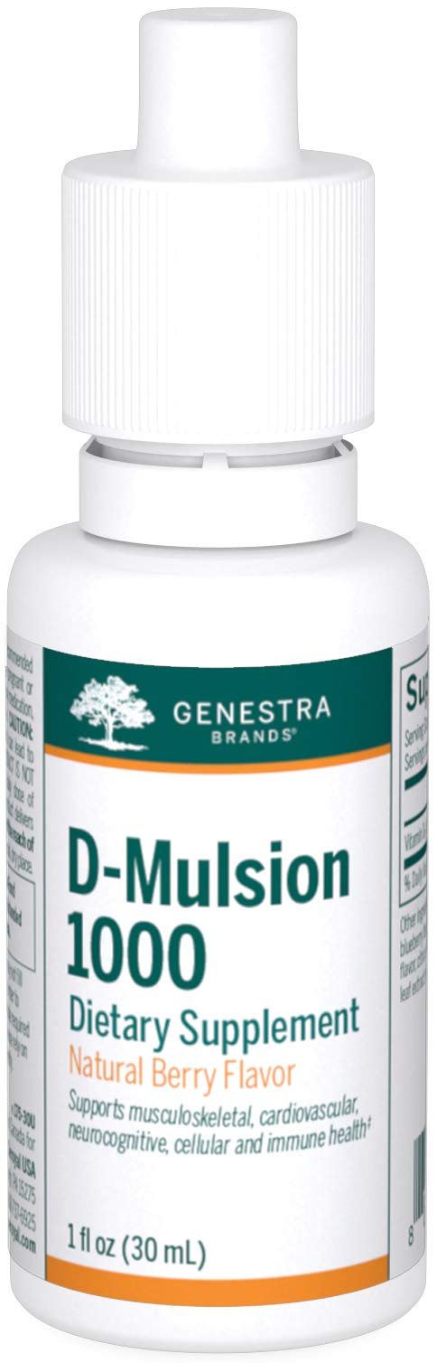 Genestra D-Mulsion 1000 bottle on a clean surface, a convenient daily vitamin D option.