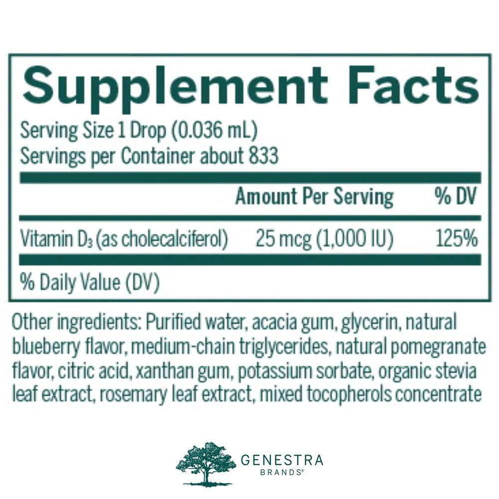 Genestra D-Mulsion 1000 drops being poured, simple to add to drinks or foods.