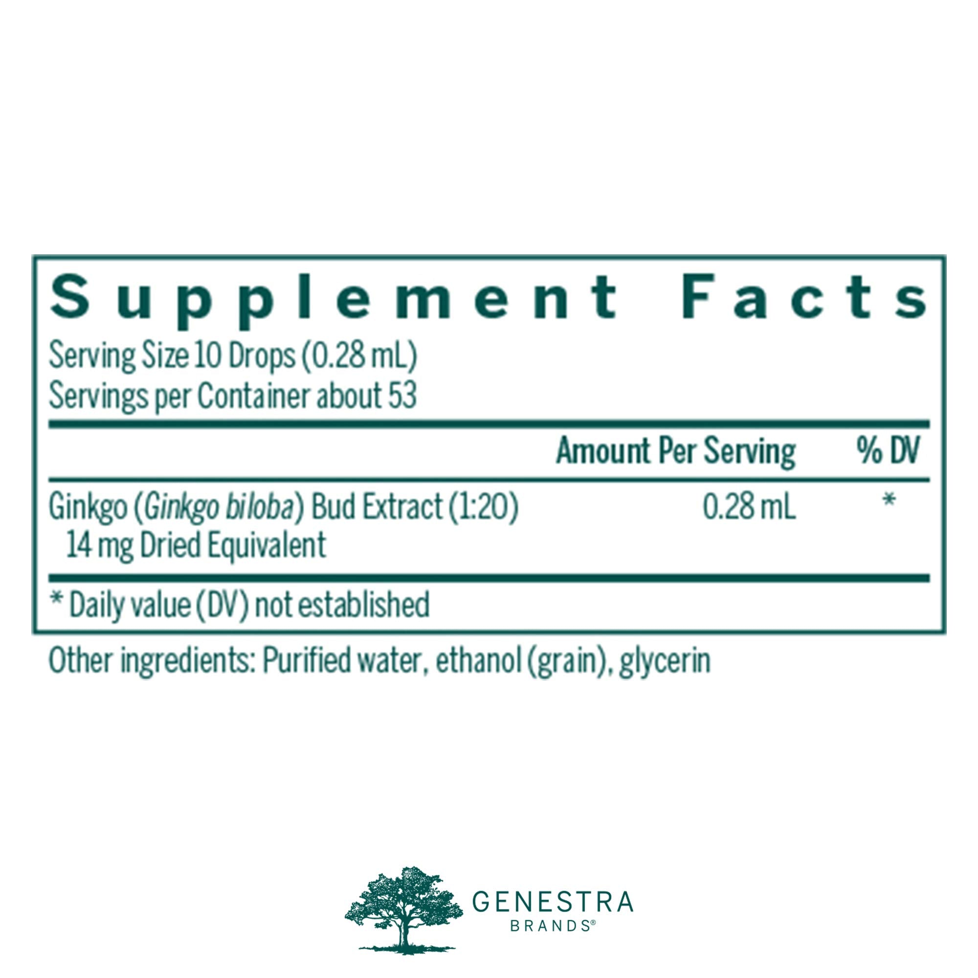 Genestra Ginkgo Bud label close-up highlighting ingredients and phytoembryotherapy focus