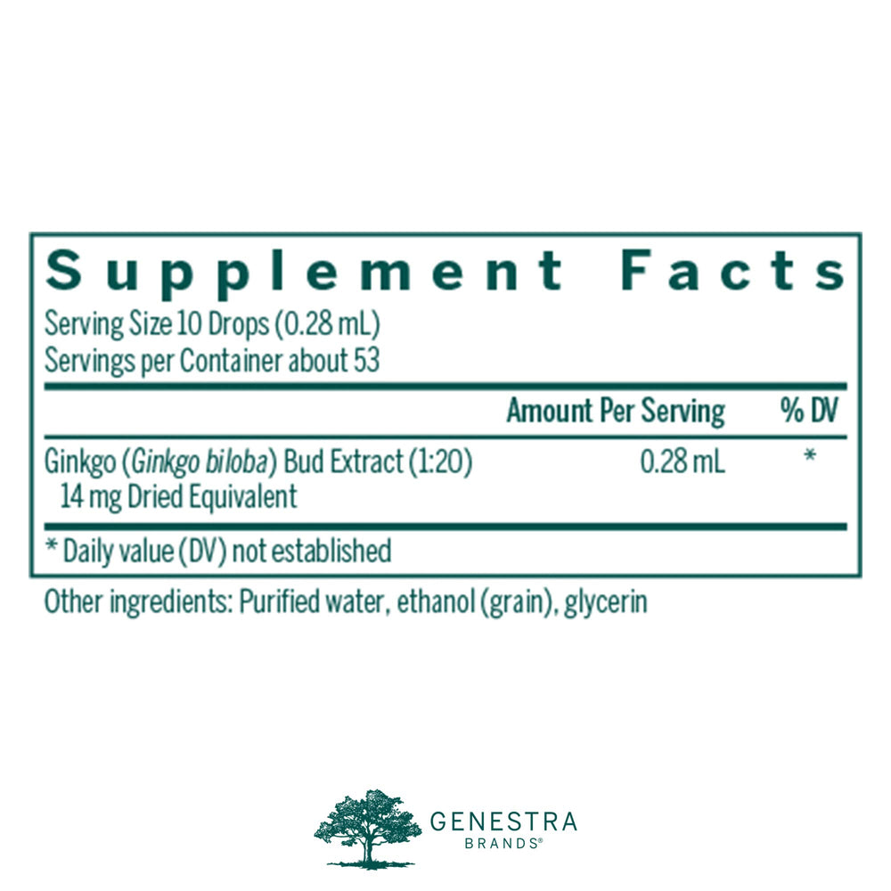 Genestra Ginkgo Bud label close-up highlighting ingredients and phytoembryotherapy focus