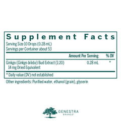 Genestra Ginkgo Bud label close-up highlighting ingredients and phytoembryotherapy focus