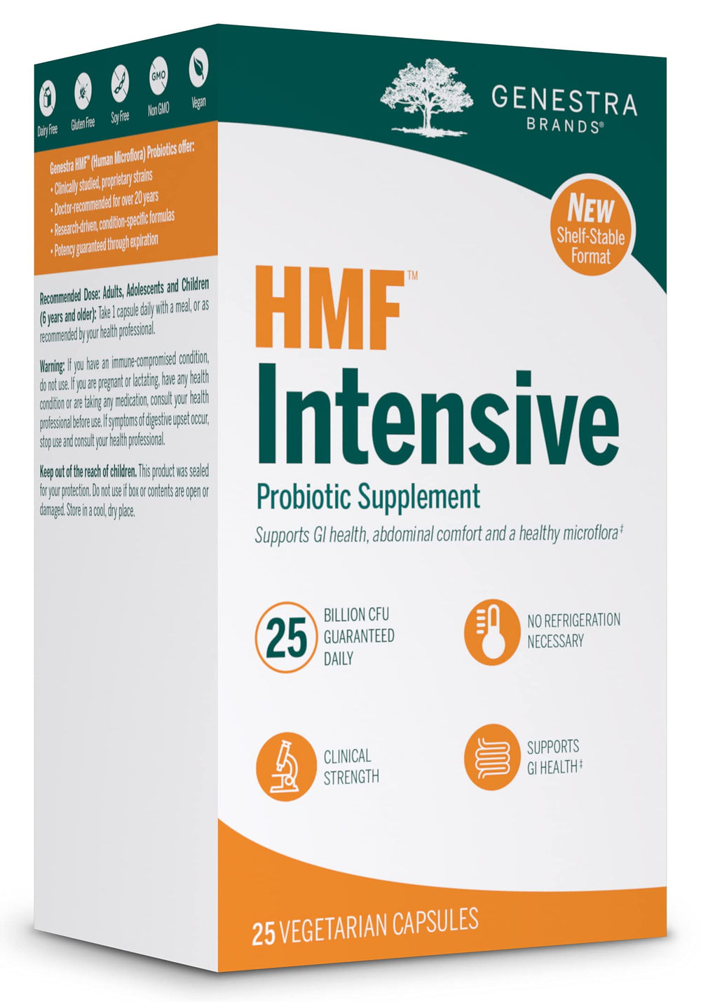 Genestra Brands HMF Intensive bottle label highlighting 25 billion CFU for GI support.