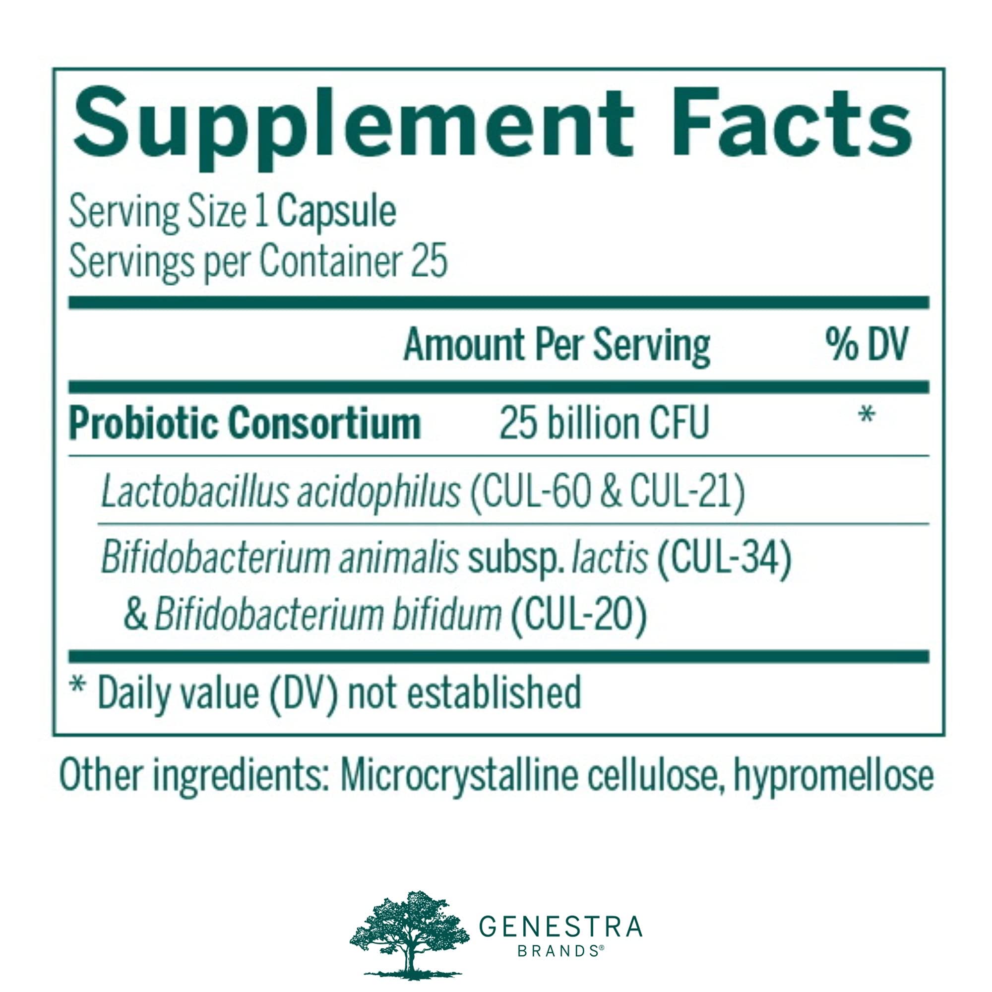 Genestra HMF Intensive bottle pour emphasizing shelf-stable probiotic convenience for travel.