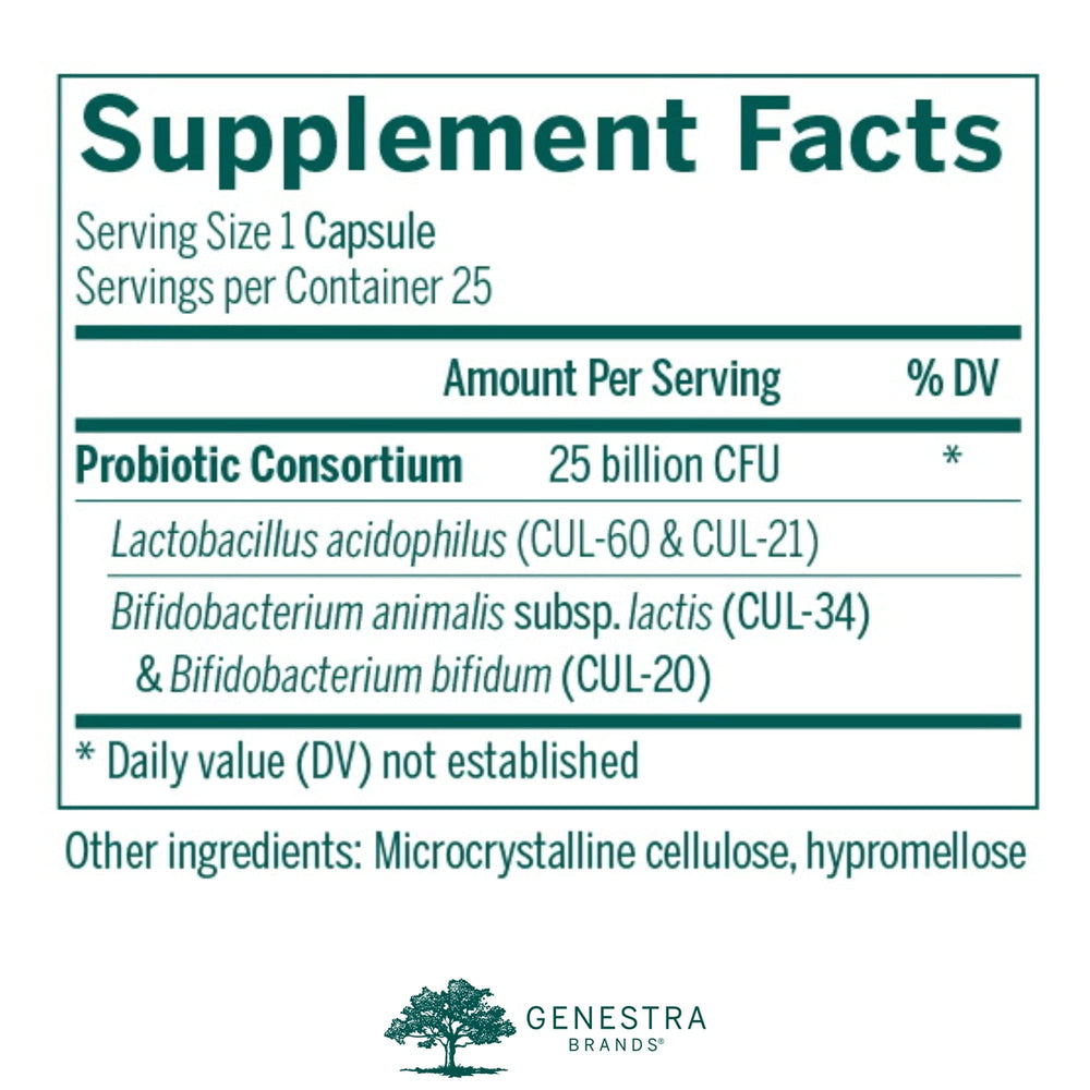 Genestra HMF Intensive bottle pour emphasizing shelf-stable probiotic convenience for travel.