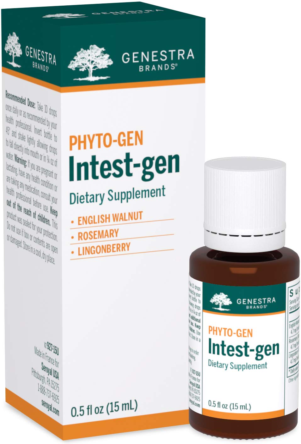 Genestra Intest-gen bottle closeup showing herbal blend for digestive support.