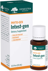 Genestra Intest-gen bottle closeup showing herbal blend for digestive support.