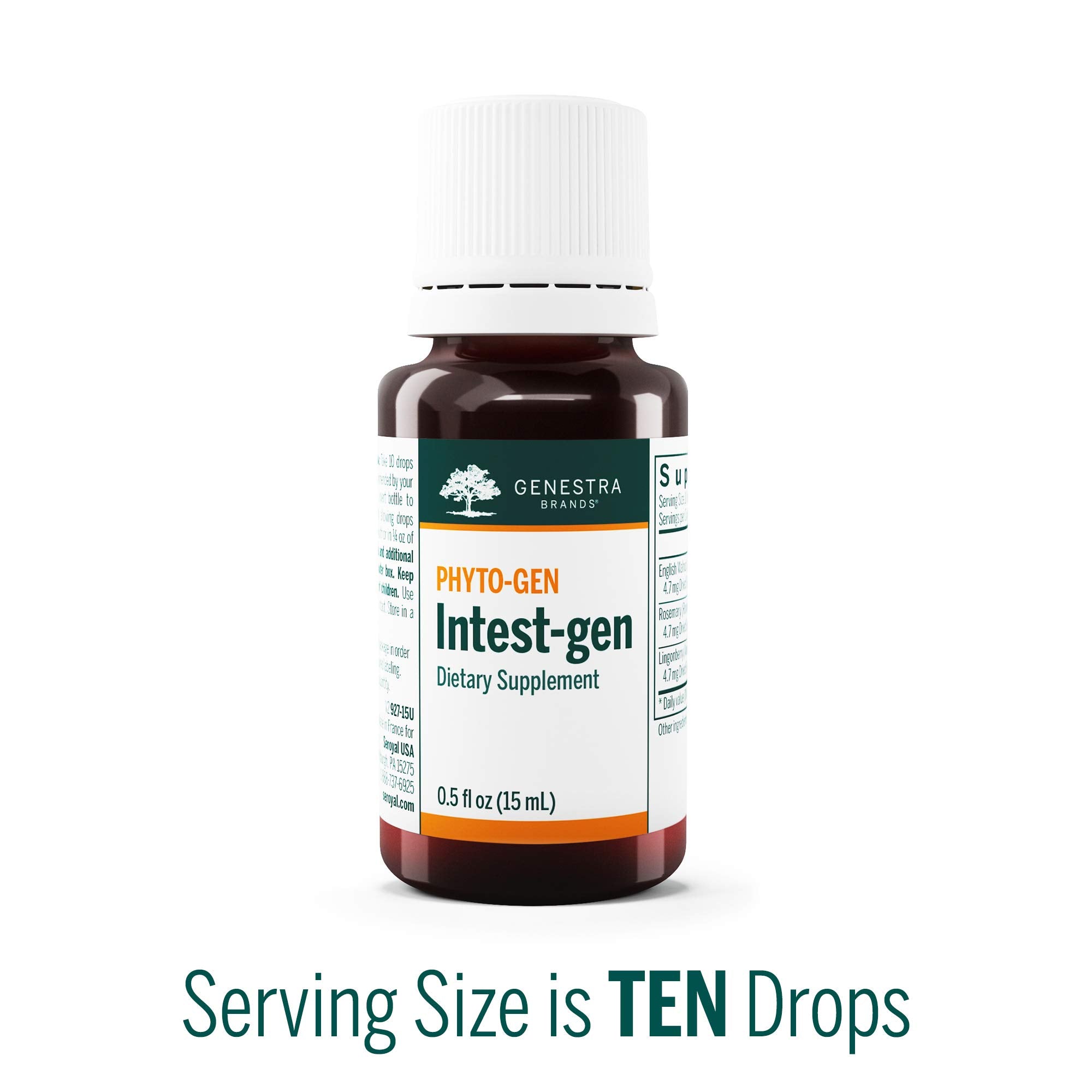 Genestra Intest-gen dropper dispense indicates convenient administration for GI wellness.