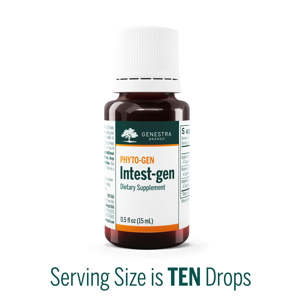Genestra Intest-gen dropper dispense indicates convenient administration for GI wellness.