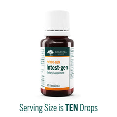 Genestra Intest-gen dropper dispense indicates convenient administration for GI wellness.