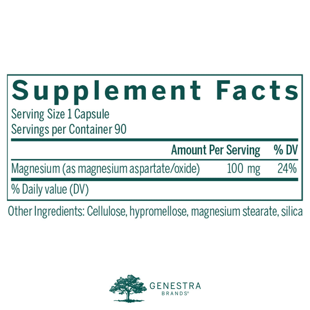 Genestra Magnesium Aspartate capsules shown for everyday metabolism support.