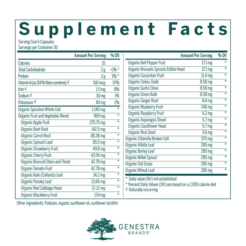 Genestra Phyto Greens Capsules label highlights certified organic and GMO-free ingredients.