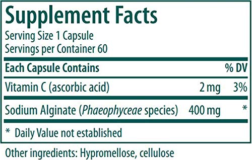 Genestra Sodium Alginate capsules closeup highlighting easy-to-swallow vegetable capsules.