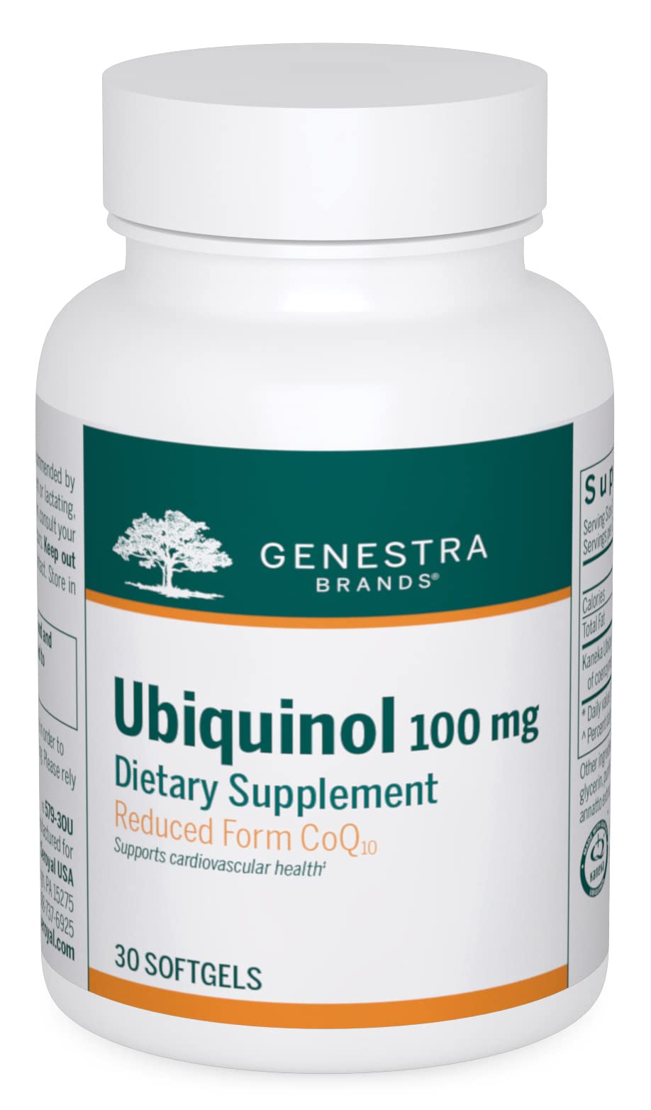 Genestra Ubiquinol 100mg softgel bottle emphasizes antioxidant support.