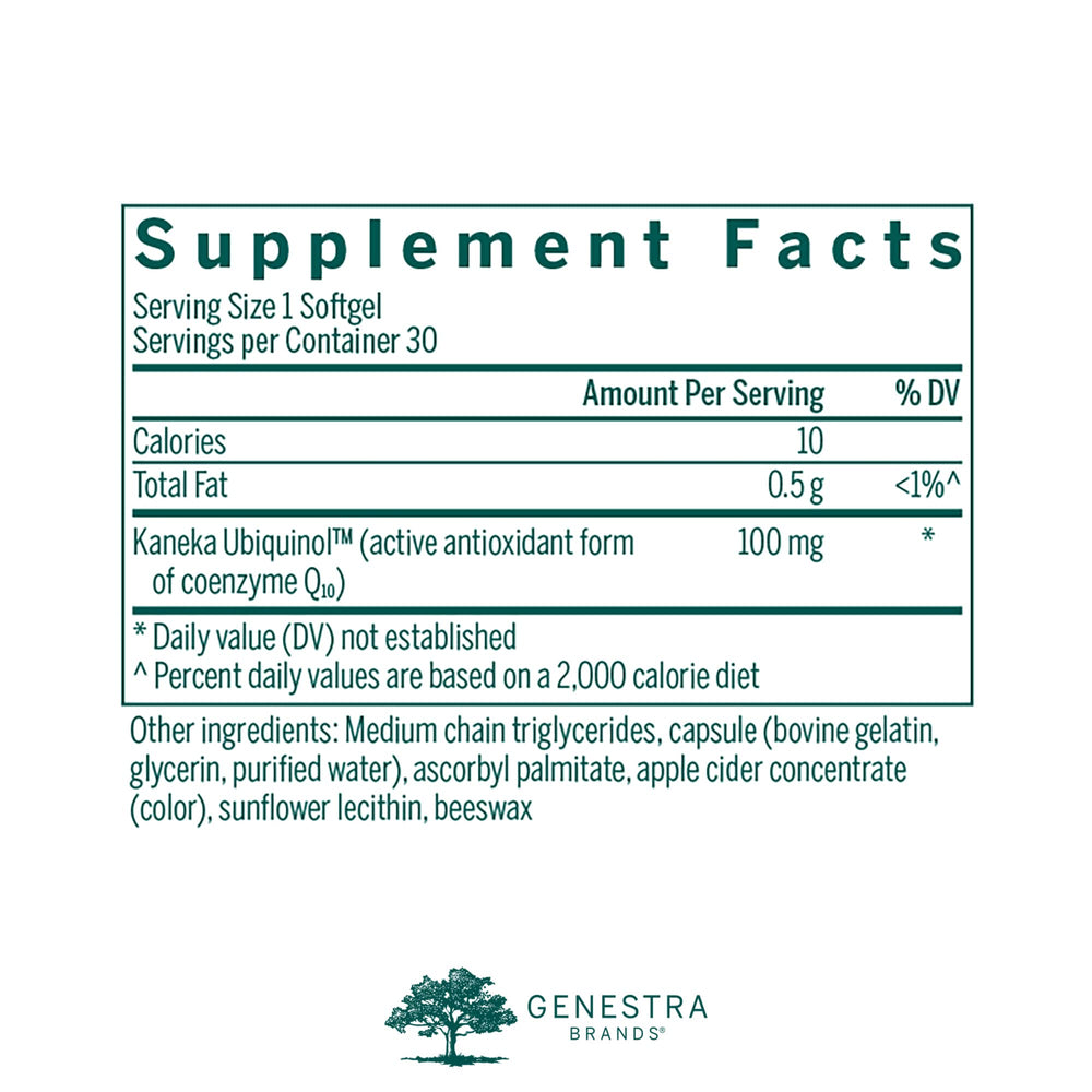 Genestra Ubiquinol 100mg softgel close-up shows smooth capsule texture.
