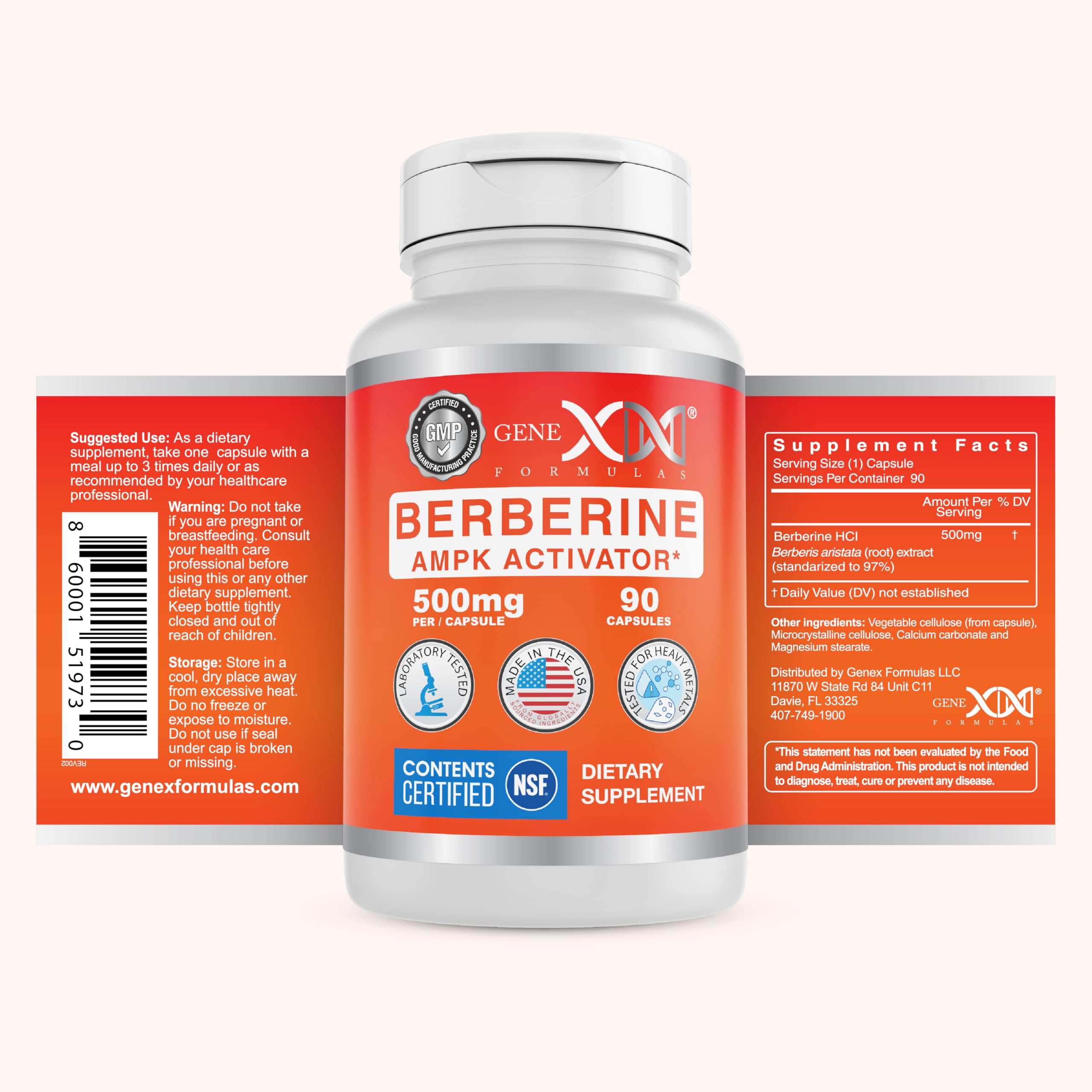 Genex Formulas Berberine HCl 500mg bottle front with clear label for trust.