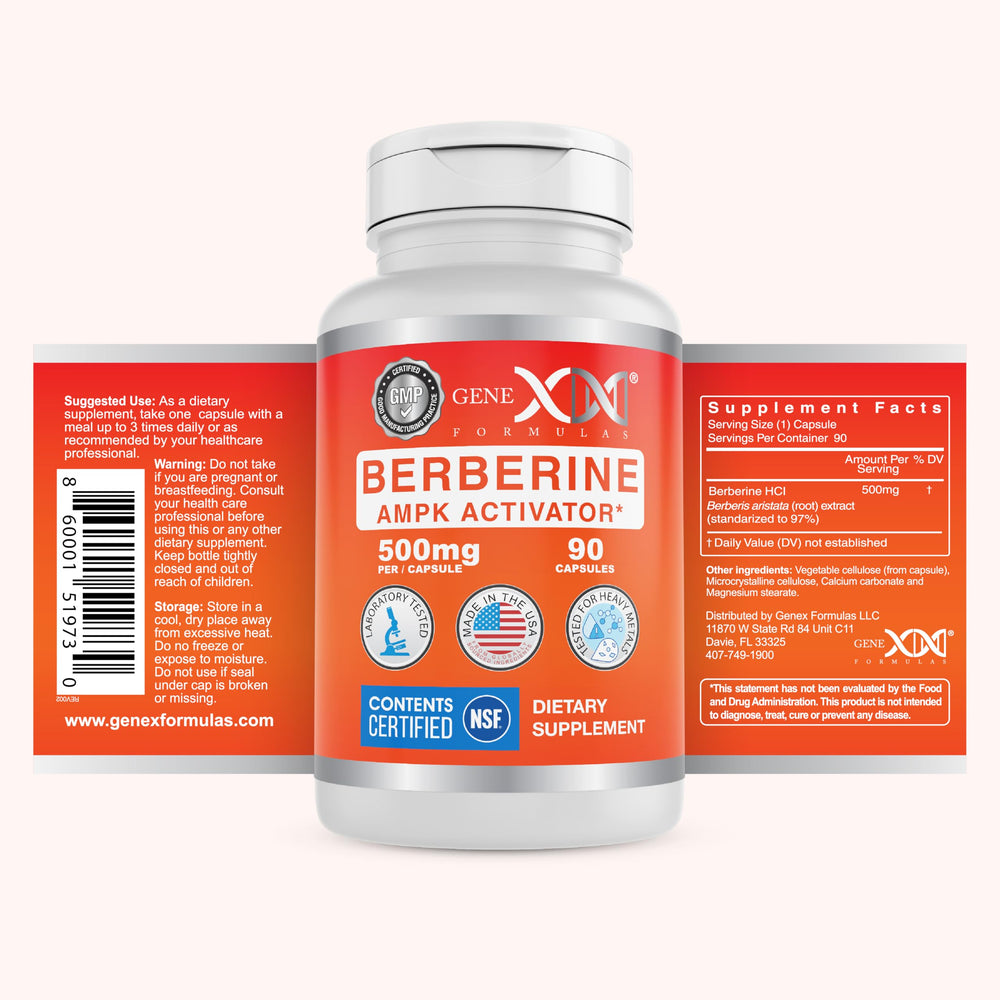 Genex Formulas Berberine HCl 500mg bottle front with clear label for trust.