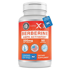 Genex Formulas Berberine HCl 500mg capsules closeup showing easy-to-swallow design.