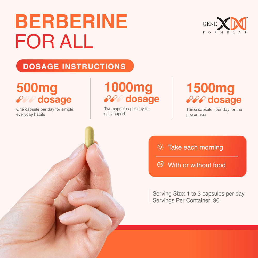 Genex Formulas Berberine HCl 500mg NSF and GMP seals on packaging.