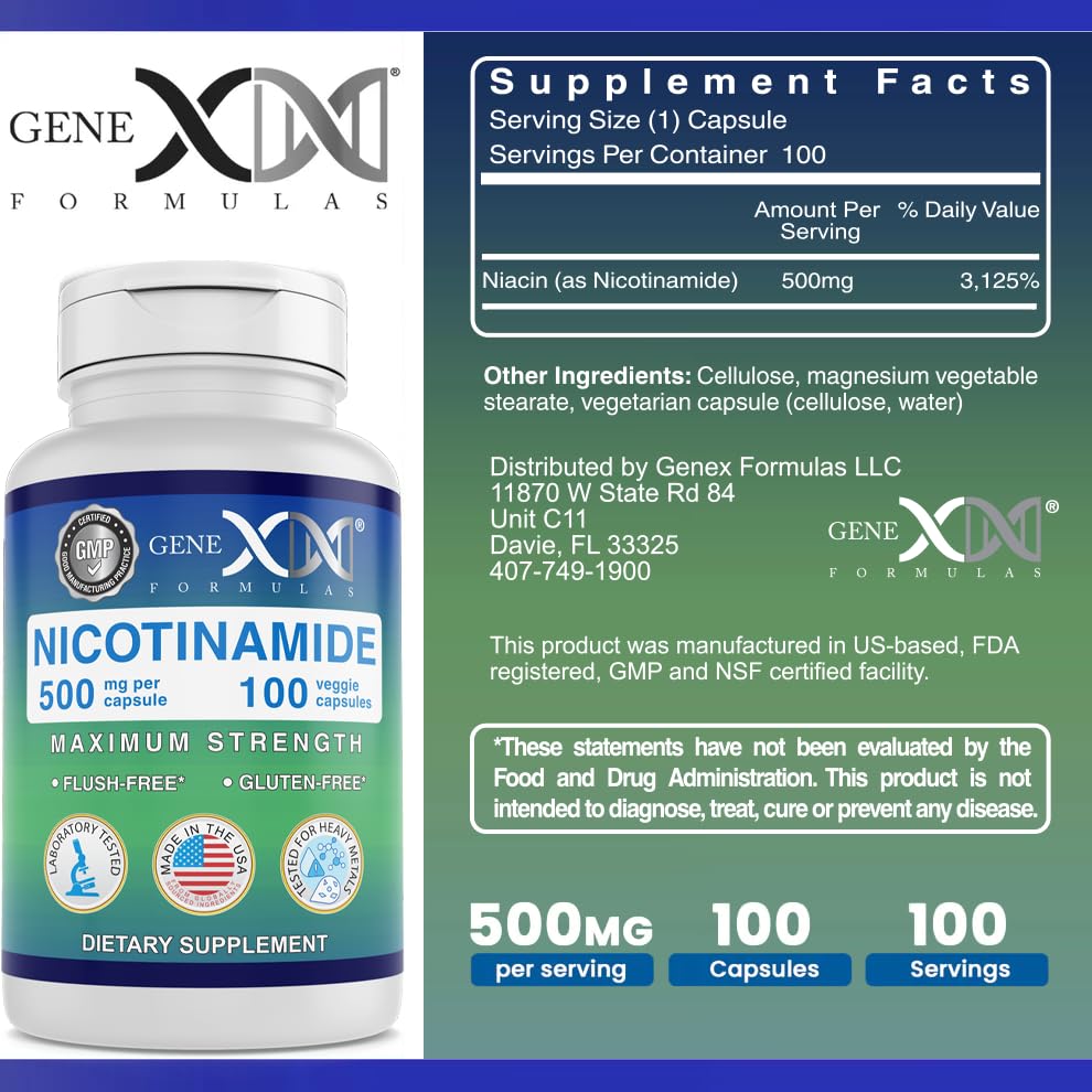 Genex Formulas Nicotinamide pill closeup shows smooth capsules.