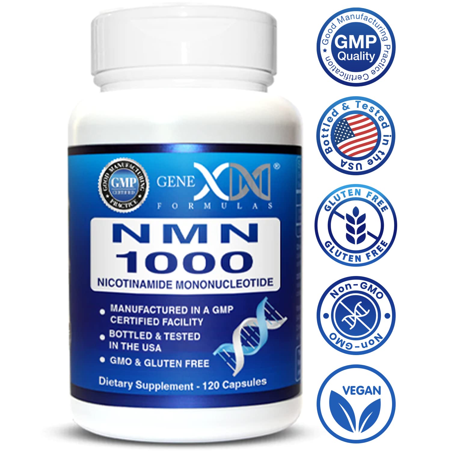 Side view of Genex Formulas NMN 1000mg bottle on a clean surface