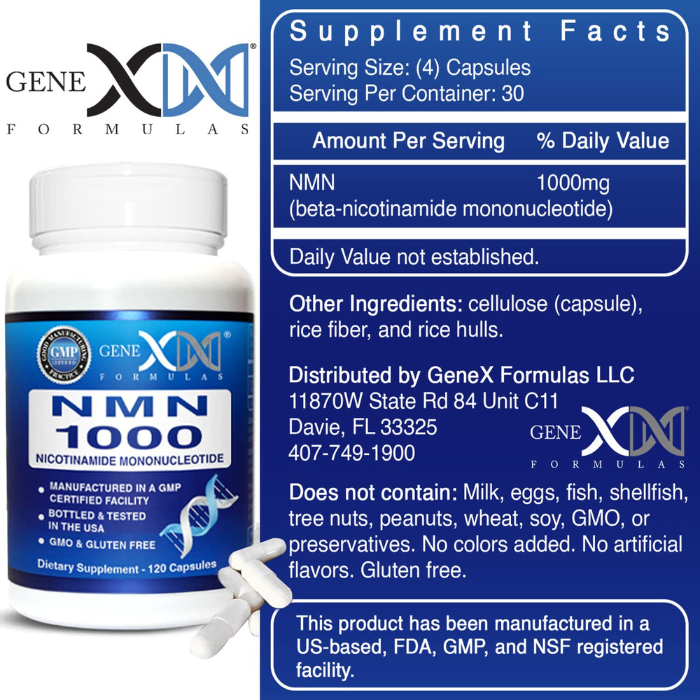 Genex Formulas NMN 1000mg COA label indicating quality transparency