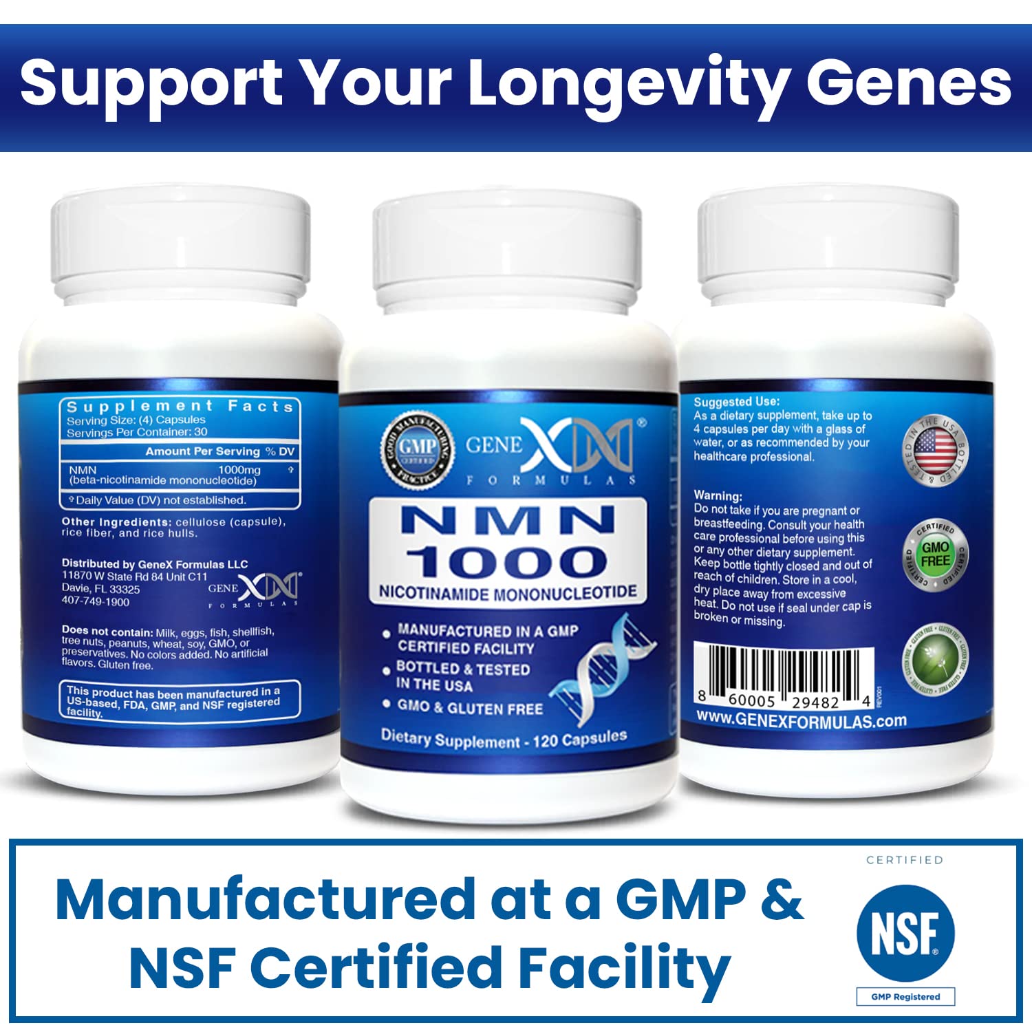 Genex Formulas NMN 1000mg bottle indicating USA-made production