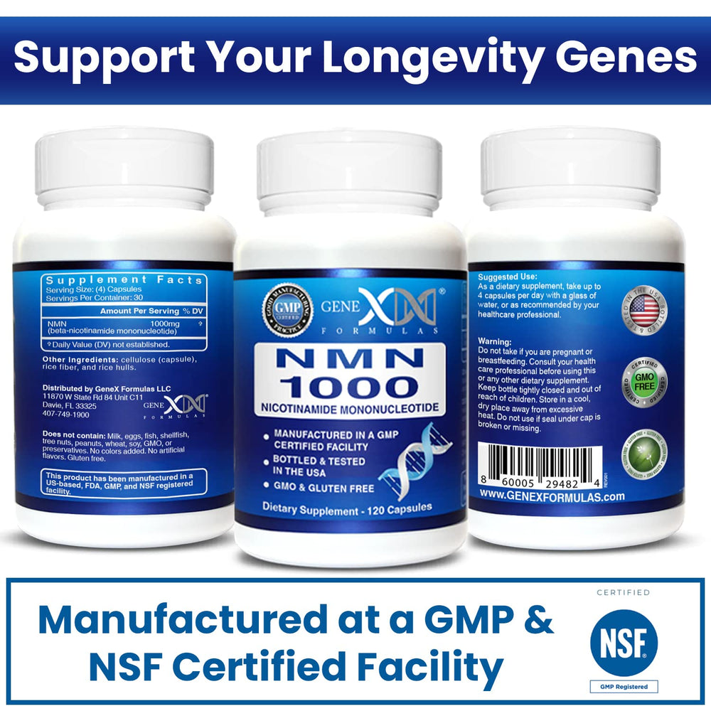Genex Formulas NMN 1000mg bottle indicating USA-made production