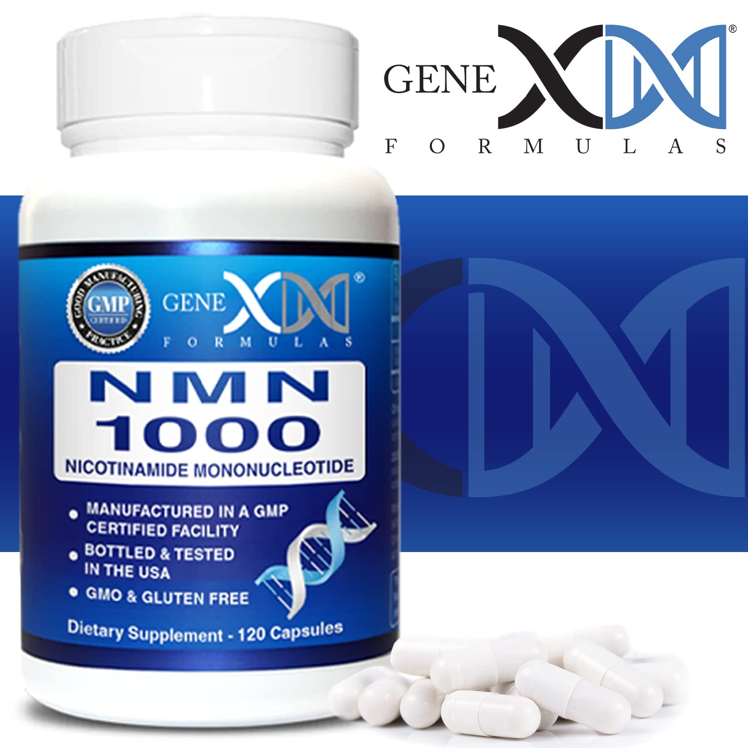 Store-ready Genex Formulas NMN 1000mg bottle stored in a cool, dry place