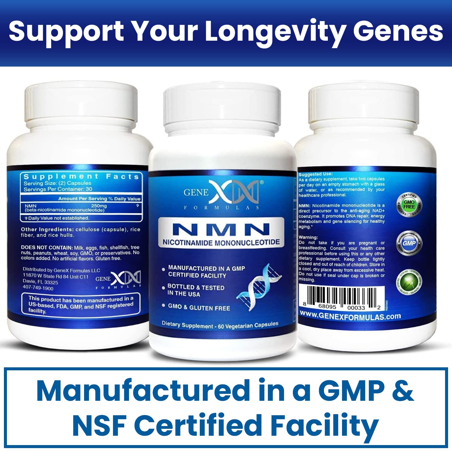 Genex Formulas NMN 250mg facility seal indicating GMP NSF certification