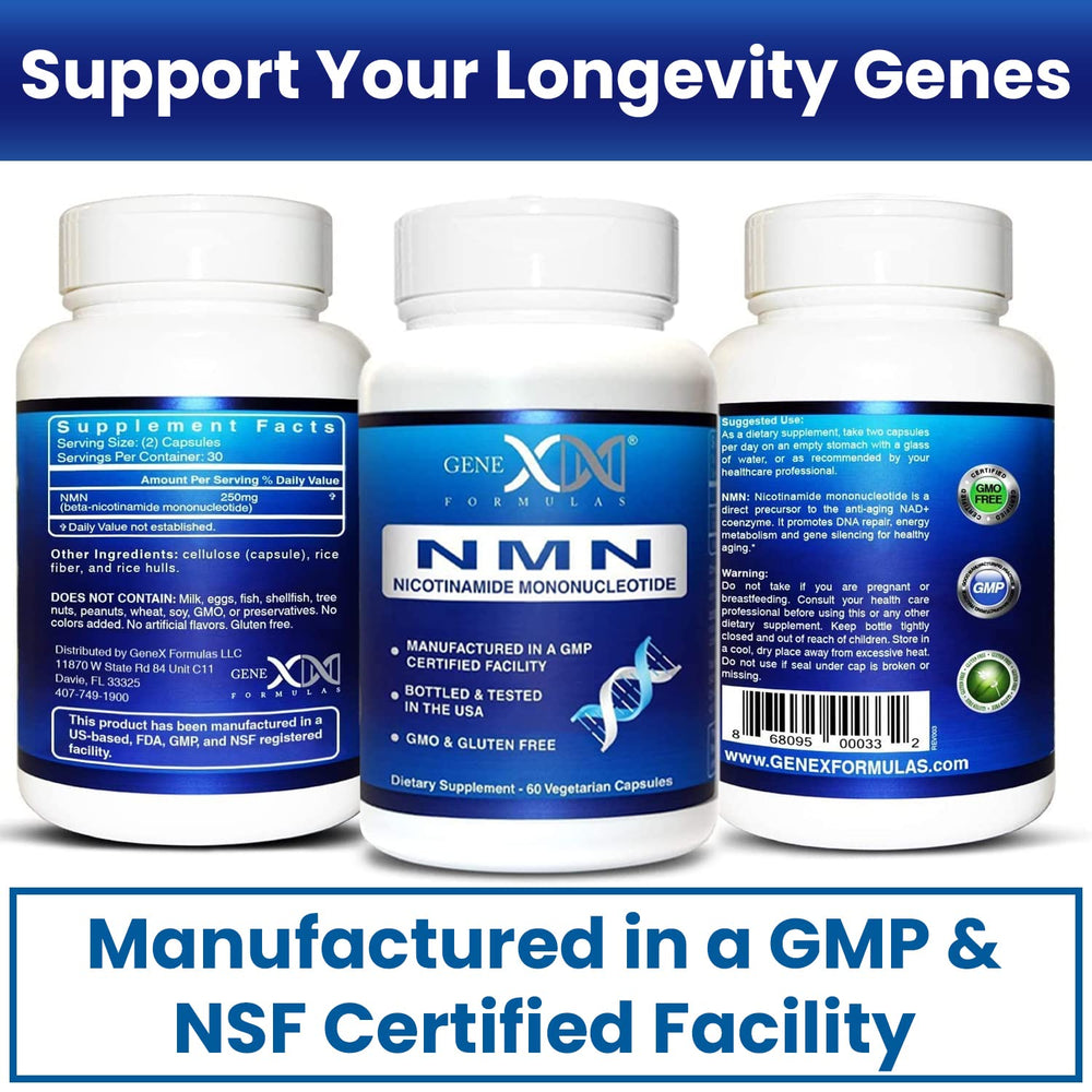 Genex Formulas NMN 250mg facility seal indicating GMP NSF certification