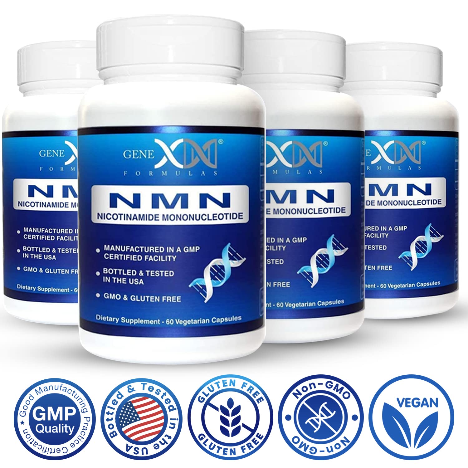 Genex Formulas NMN 250mg label notes vegan non-GMO gluten-free credentials