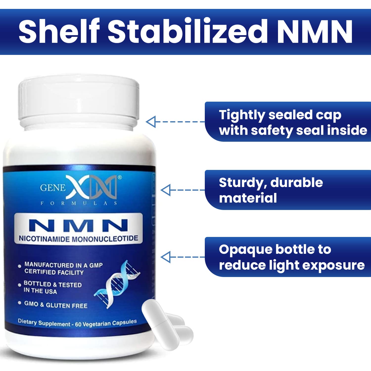 Genex Formulas NMN 250mg bottle with opaque packaging helps preserve ingredients