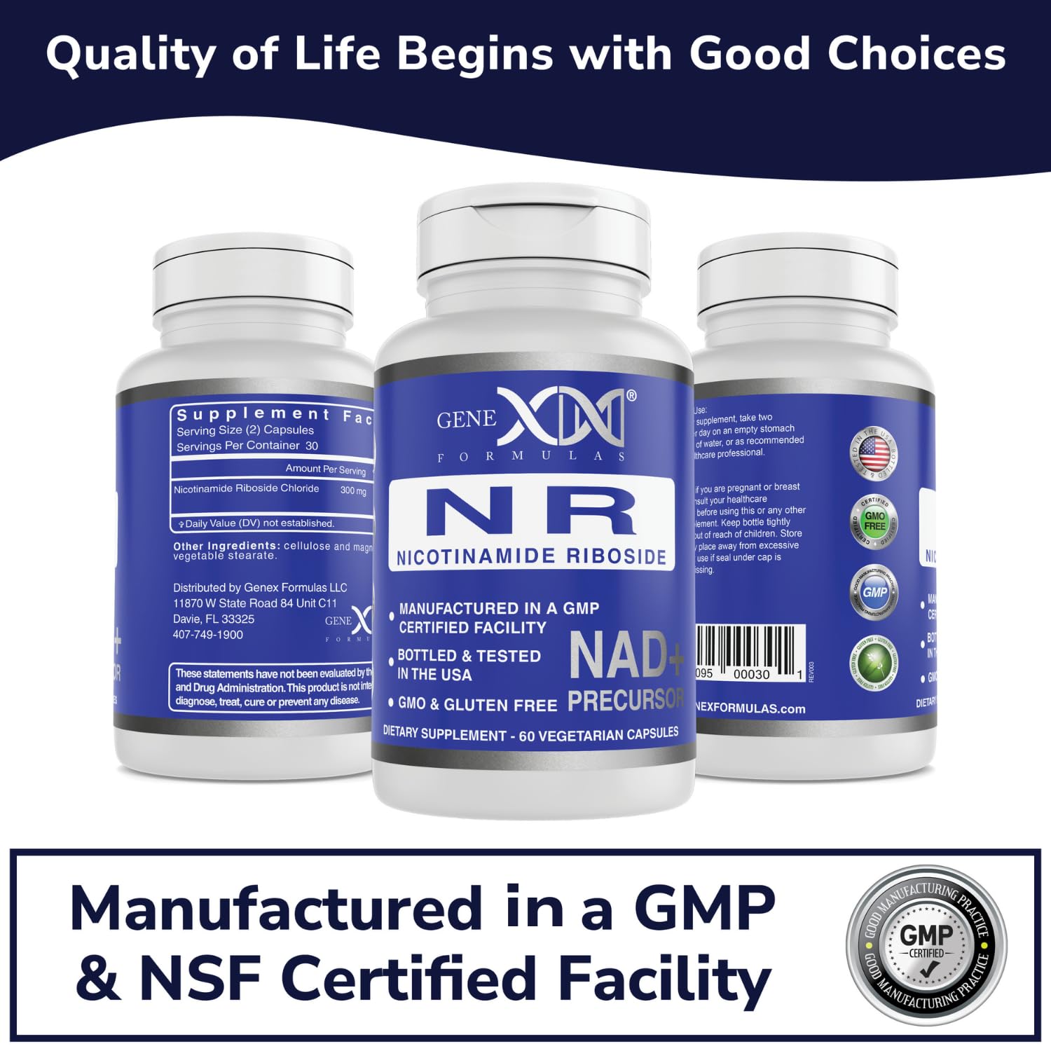 Genex Formulas NR product in GMP and NSF certified facility context