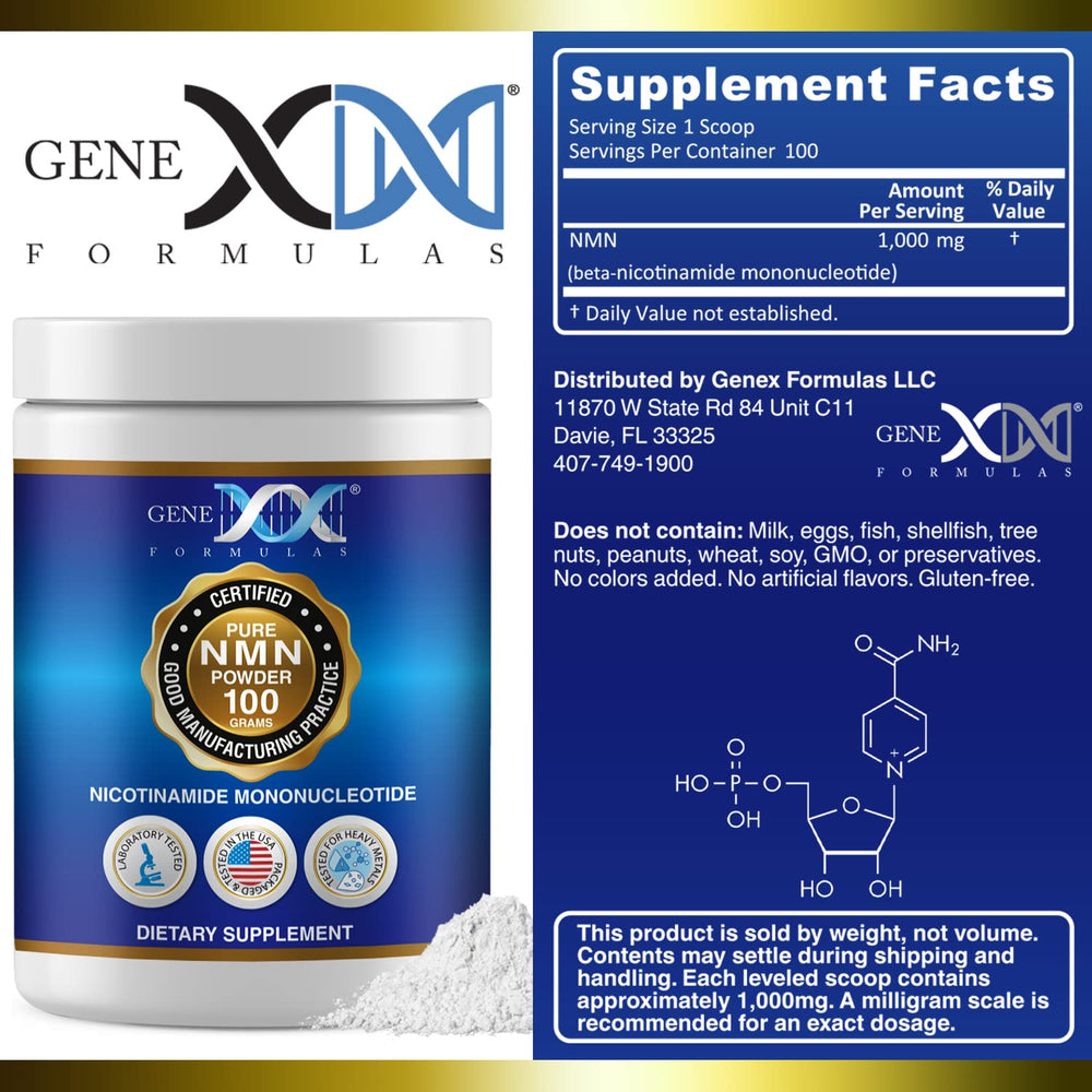Genex Formulas NMN Powder bottle shows COA transparency and trust.