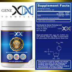 Genex Formulas NMN Powder bottle shows COA transparency and trust.