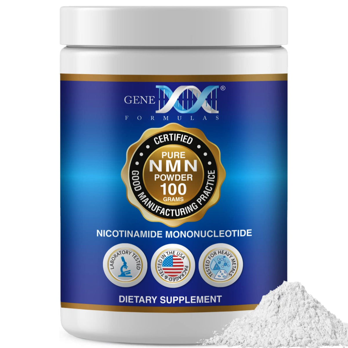 Genex Formulas Pure NMN Powder jar highlighting high purity for NAD+ support.
